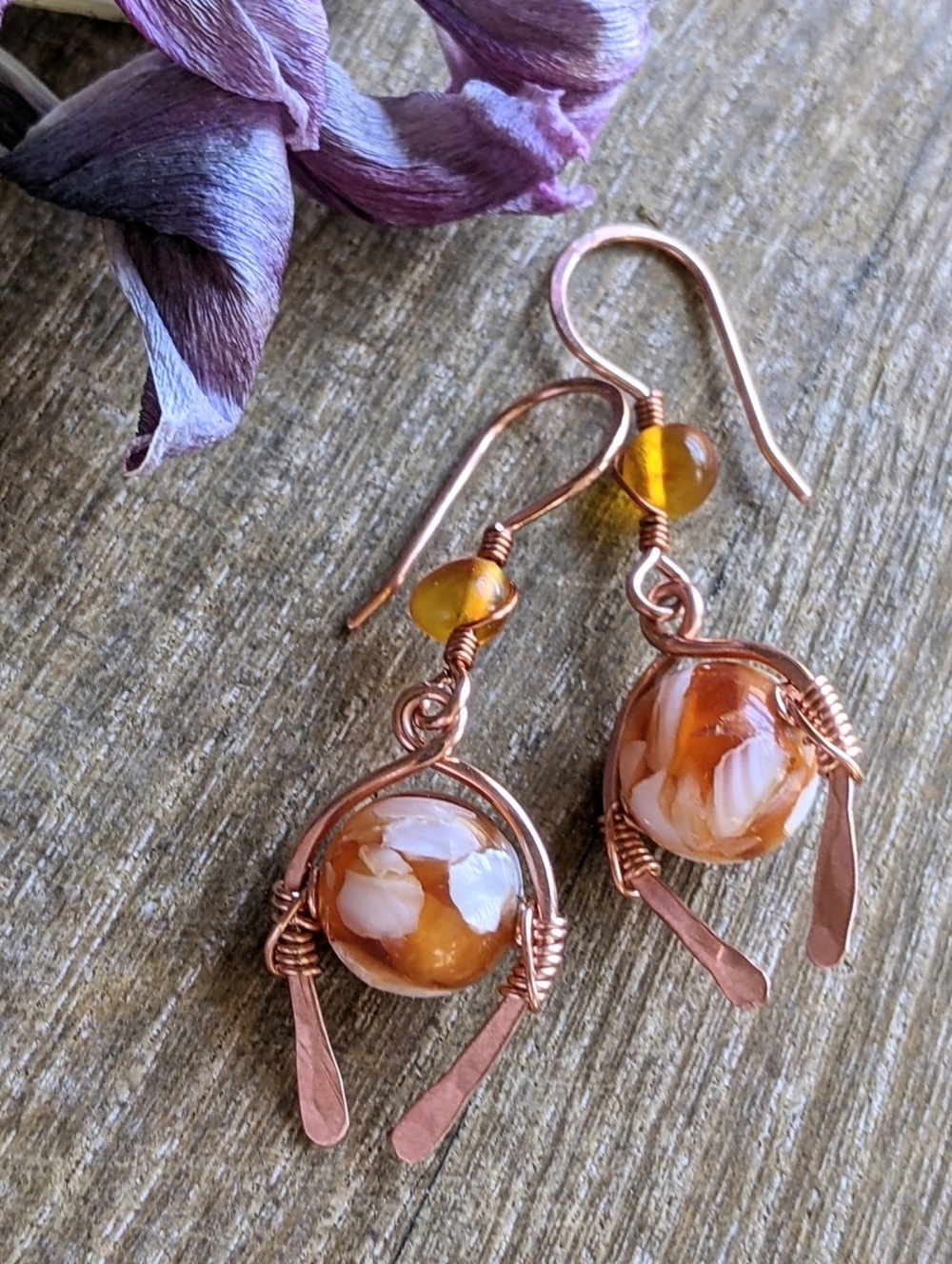 Southwestern Amber Earrings Genuine Copper Artisan Crafted Jewelry - Picture 10 of 11